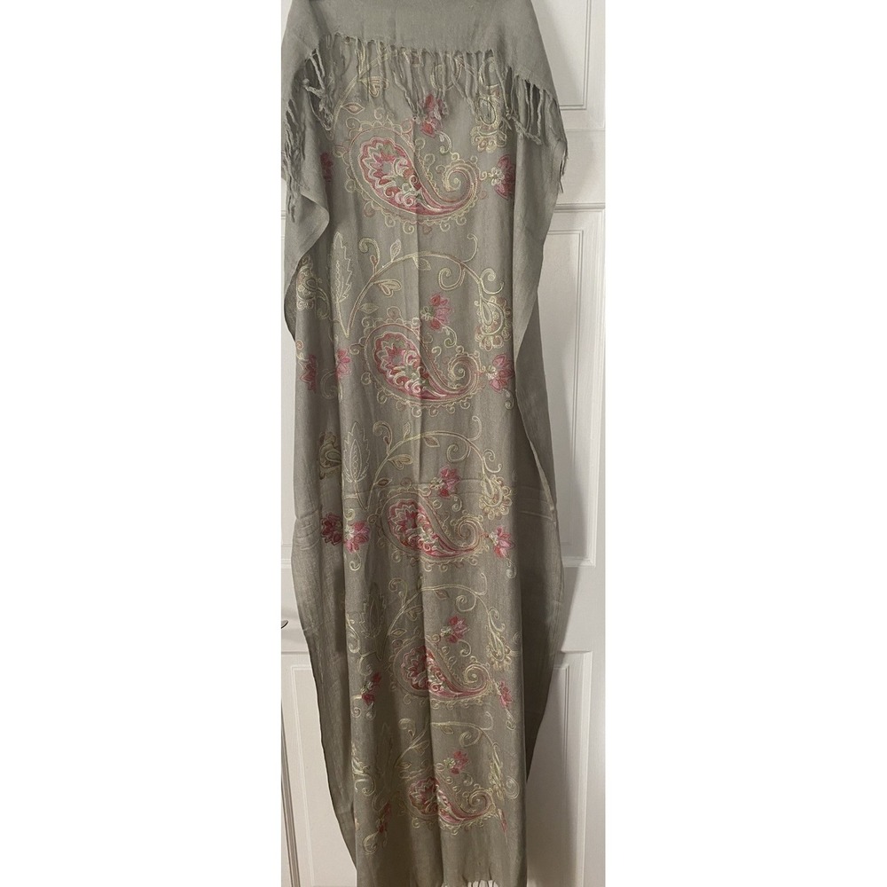 Pashmina 100% Paisley Boho Scarf Shawl Wrap Gray Embroidered Sequin Fringe 27x70 - Picture 3 of 4